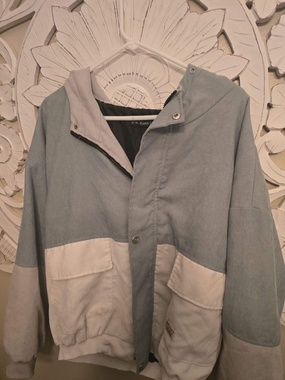 Zaful Womens Retro Jacket Corduroy Size XL Blue/Gray/White Hoodie Color Block